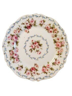 Antique Haviland Limoges France Porcelain Plate With Pink Roses & Delicate Blue